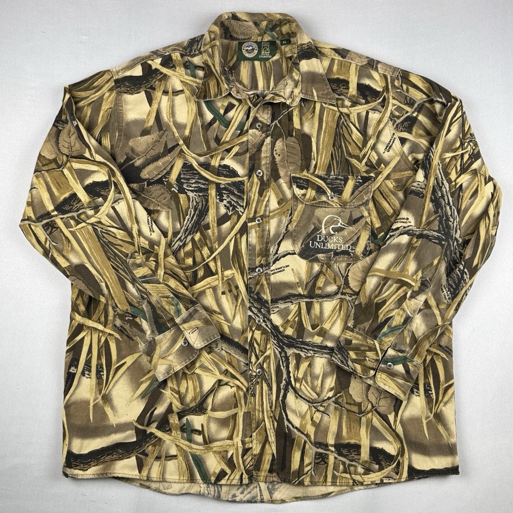 Vintage 90s Ducks Unlimited Advantage Wetlands Chamois Camo Hunting Shirt XL